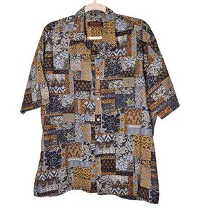 Tori Richard Honolulu Patchwork‎ Button-Front Shirt L Cotton Brown Blue Tropical